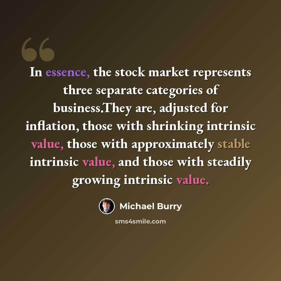 “In essence, the stock market represents three separate categories of business.They are, adjusted for inflation, those with shrinking intrinsic value, those with approximately stable intrinsic value, and those with steadily growing intrinsic value.” quote by Michael Burry