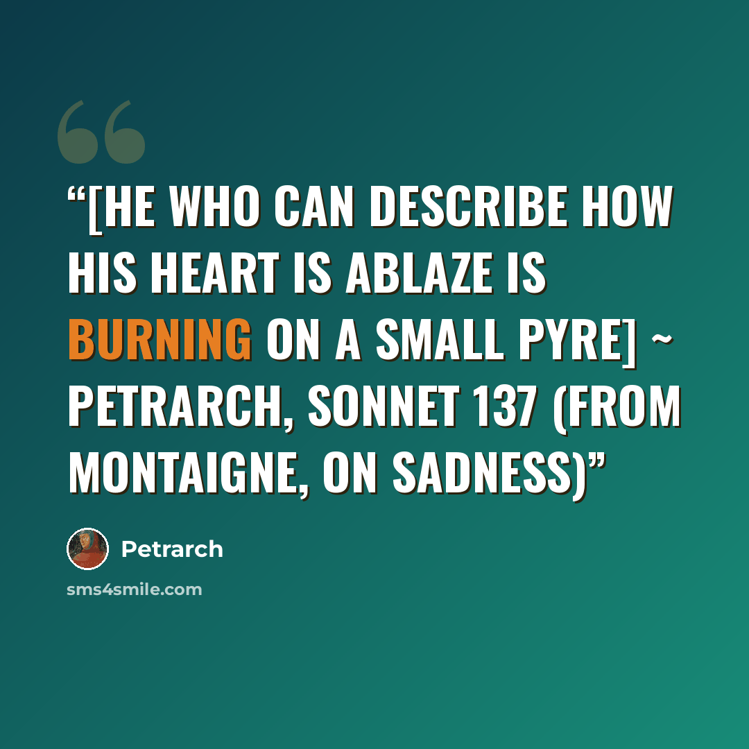 “[He who can describe how his heart is ablaze is burning on a small pyre] ~ Petrarch, Sonnet 137 (from Montaigne, On sadness)” quote by Petrarch