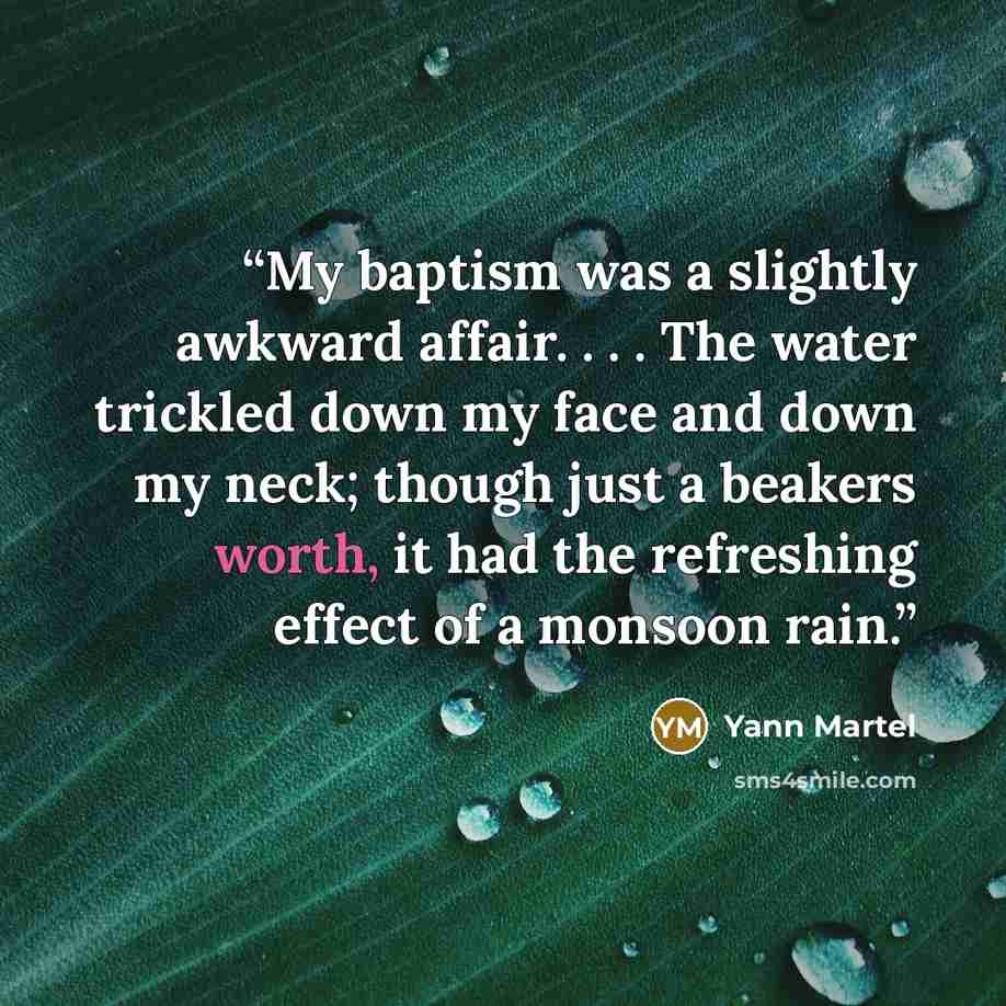 “My baptism was a slightly awkward affair. . . . The water trickled down my face and down my neck; though just a beakers worth, it had the refreshing effect of a monsoon rain.” quote by Yann Martel