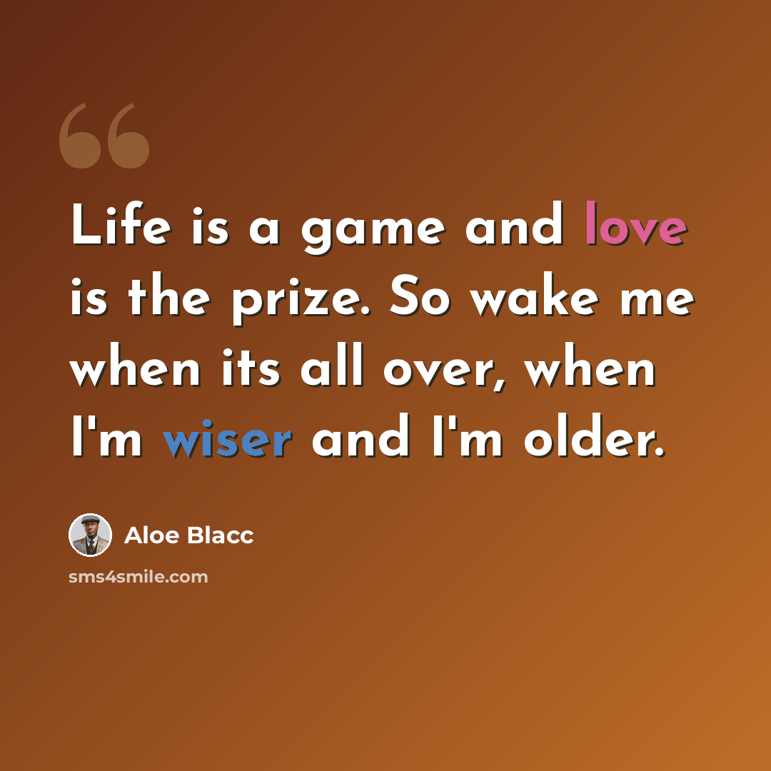 “Life is a game and love is the prize. So wake me when its all over, when I'm wiser and I'm older.” quote by Aloe Blacc