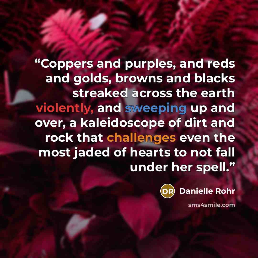 “Coppers and purples, and reds and golds, browns and blacks streaked across the earth violently, and sweeping up and over, a kaleidoscope of dirt and rock that challenges even the most jaded of hearts to not fall under her spell.” quote by Danielle Rohr