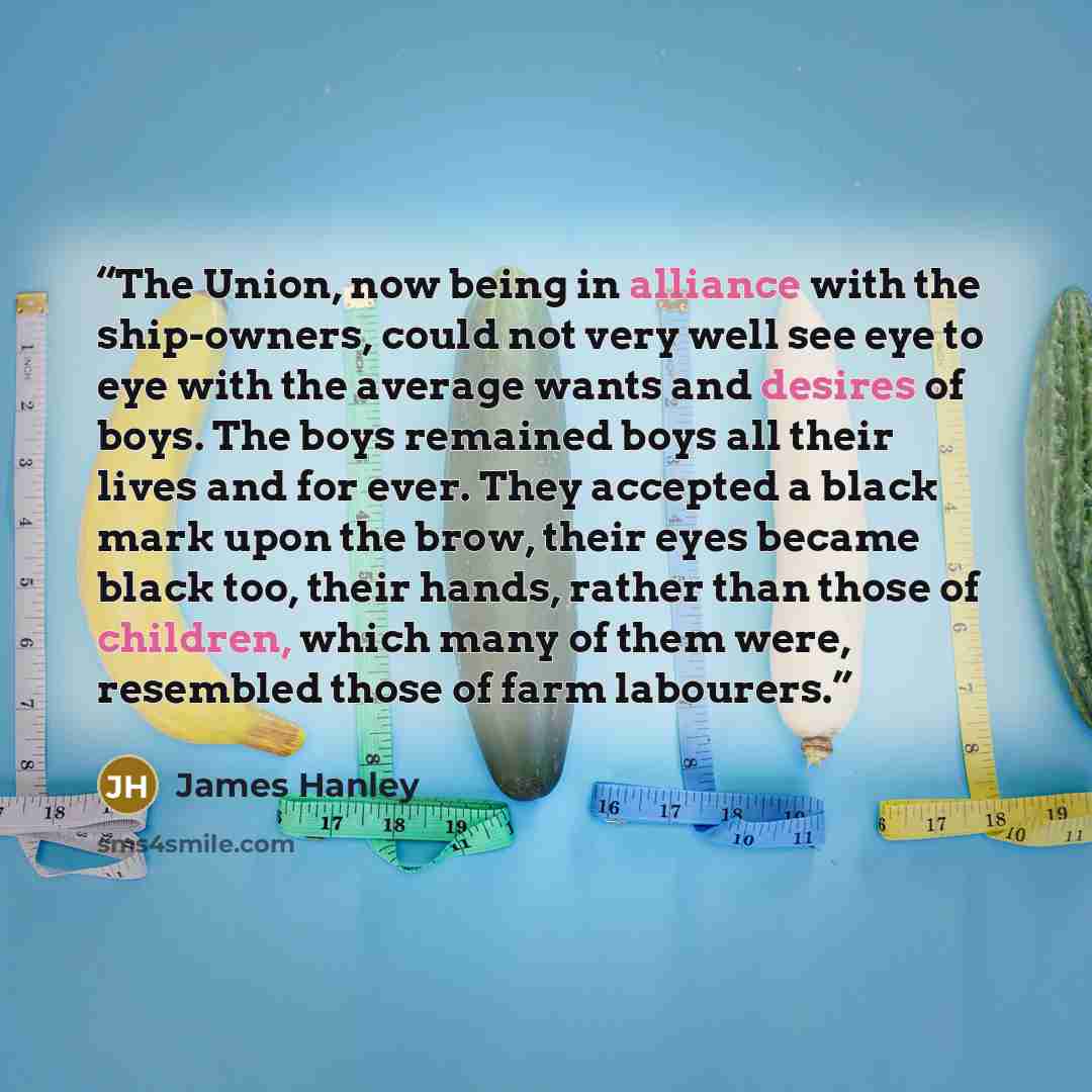 “The Union, now being in alliance with the ship-owners, could not very well see eye to eye with the average wants and desires of boys. The boys remained boys all their lives and for ever. They accepted a black mark upon the brow, their eyes became black too, their hands, rather than those of…” quote by James Hanley