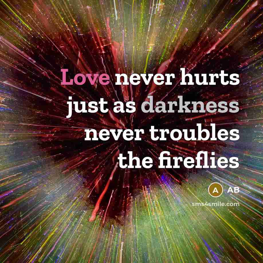 “Love never hurts just as darkness never troubles the fireflies” quote by Ab