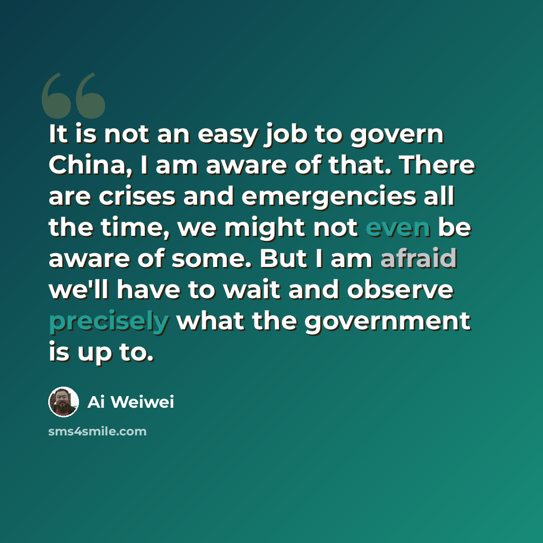 “It is not an easy job to govern China, I am aware of that. There are crises and emergencies all the time, we might not even be aware of some. But I am afraid we'll have to wait and observe precisely what the government is up to.” quote by Ai Weiwei