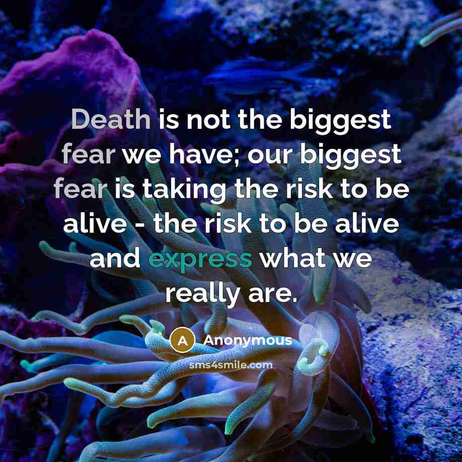 “Death is not the biggest fear we have; our biggest fear is taking the risk to be alive - the risk to be alive and express what we really are.” quote by Anonymous