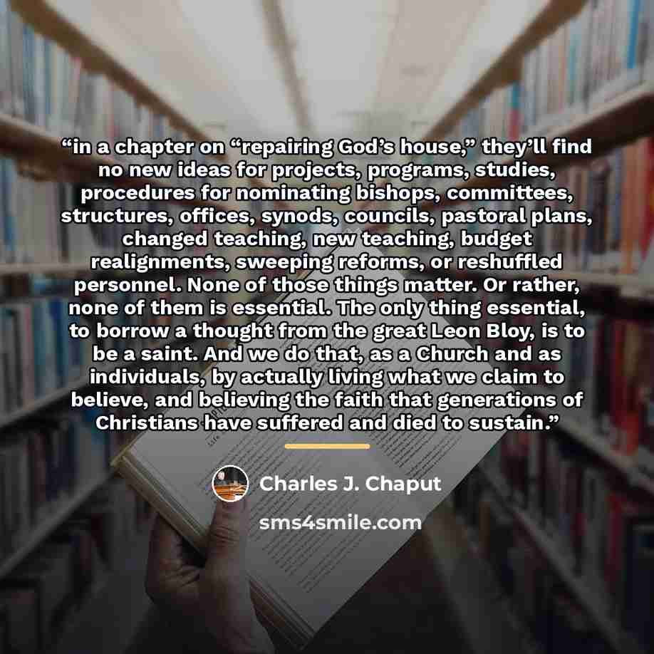 “in a chapter on “repairing God’s house,” they’ll find no new ideas for projects, programs, studies, procedures for nominating bishops, committees, structures, offices, synods, councils, pastoral plans, changed teaching, new teaching, budget realignments, sweeping reforms, or reshuffled personnel…” quote by Charles J. Chaput