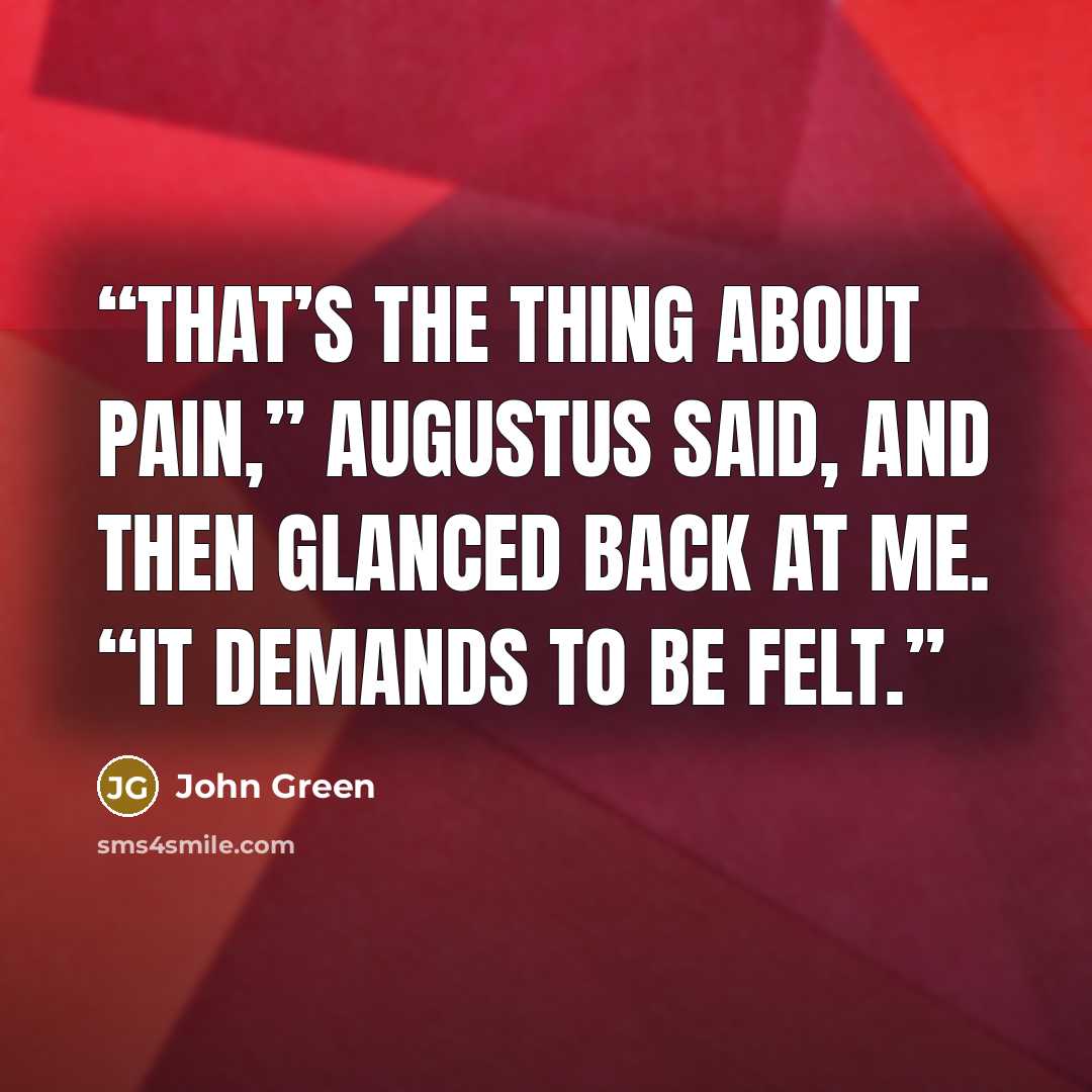 “That’s the thing about pain,” Augustus said, and then glanced back at me. “It demands to be felt.” quote by John Green