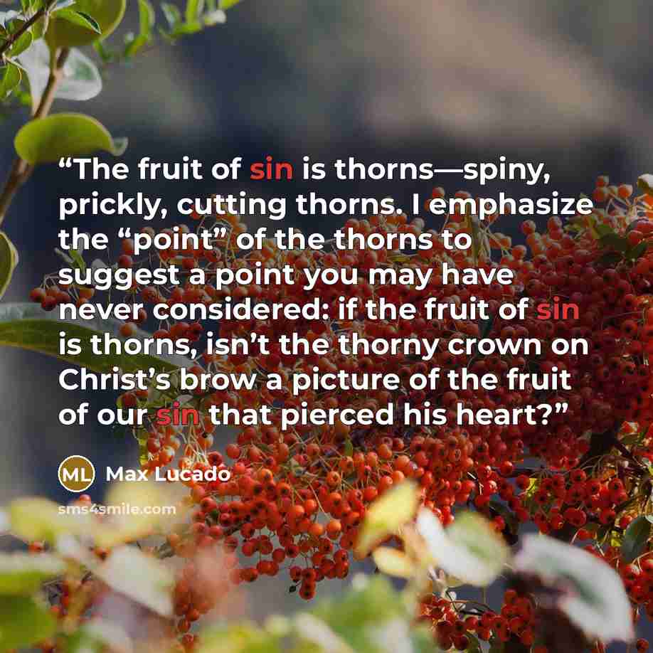 “The fruit of sin is thorns—spiny, prickly, cutting thorns. I emphasize the “point” of the thorns to suggest a point you may have never considered: if the fruit of sin is thorns, isn’t the thorny crown on Christ’s brow a picture of the fruit of our sin that pierced his heart?” quote by Max Lucado
