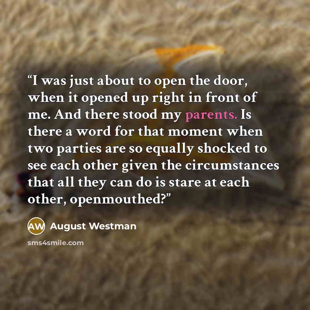 “I was just about to open the door, when it opened up right in front of me. And there stood my parents. Is there a word for that moment when two parties are so equally shocked to see each other given the circumstances that all they can do is stare at each other, openmouthed?” quote by August Westman