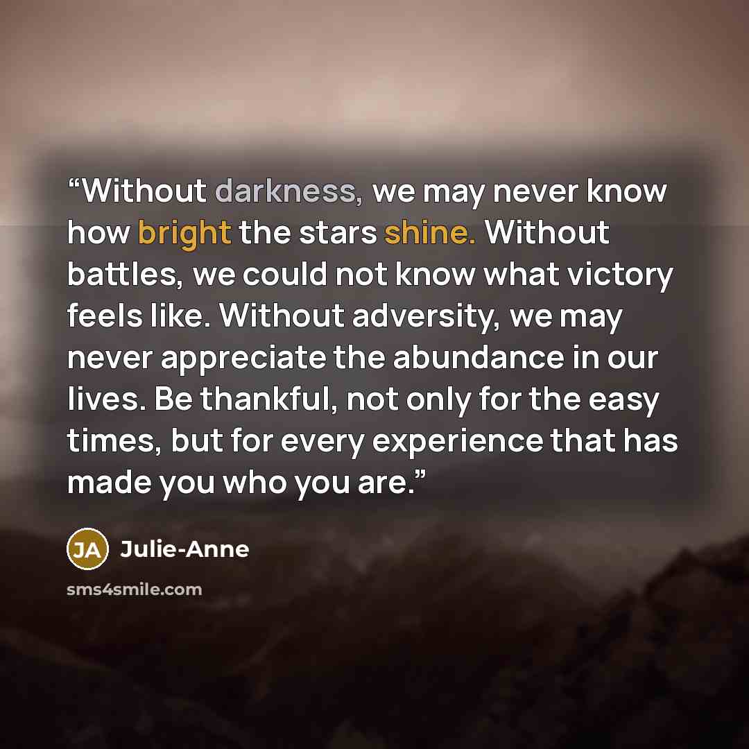 “Without darkness, we may never know how bright the stars shine. Without battles, we could not know what victory feels like. Without adversity, we may never appreciate the abundance in our lives. Be thankful, not only for the easy times, but for every experience that has made you who you are.” quote by Julie-Anne