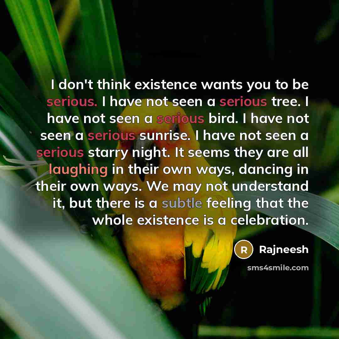 “I don't think existence wants you to be serious. I have not seen a serious tree. I have not seen a serious bird. I have not seen a serious sunrise. I have not seen a serious starry night. It seems they are all laughing in their own ways, dancing in their own ways. We may not understand it, but…” quote by Rajneesh