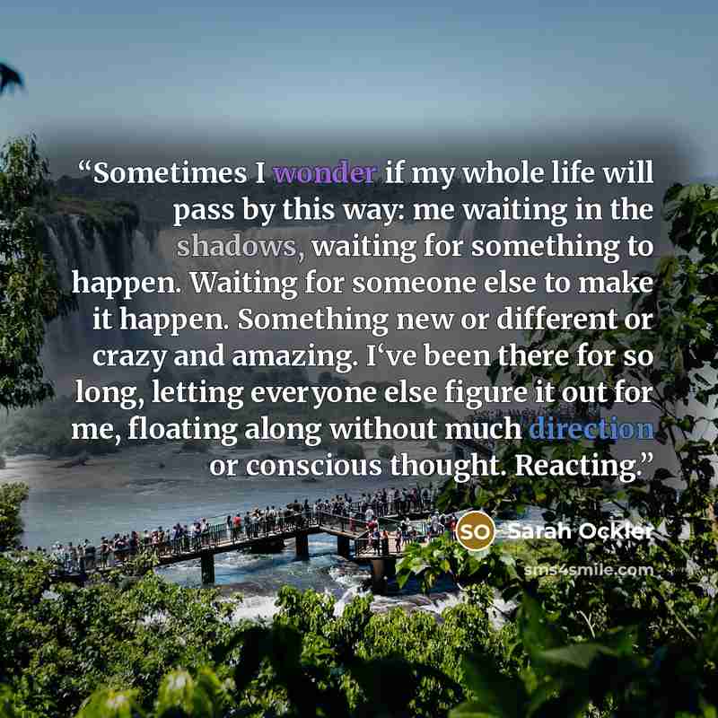“Sometimes I wonder if my whole life will pass by this way: me waiting in the shadows, waiting for something to happen. Waiting for someone else to make it happen. Something new or different or crazy and amazing. I‘ve been there for so long, letting everyone else figure it out for me, floating…” quote by Sarah Ockler