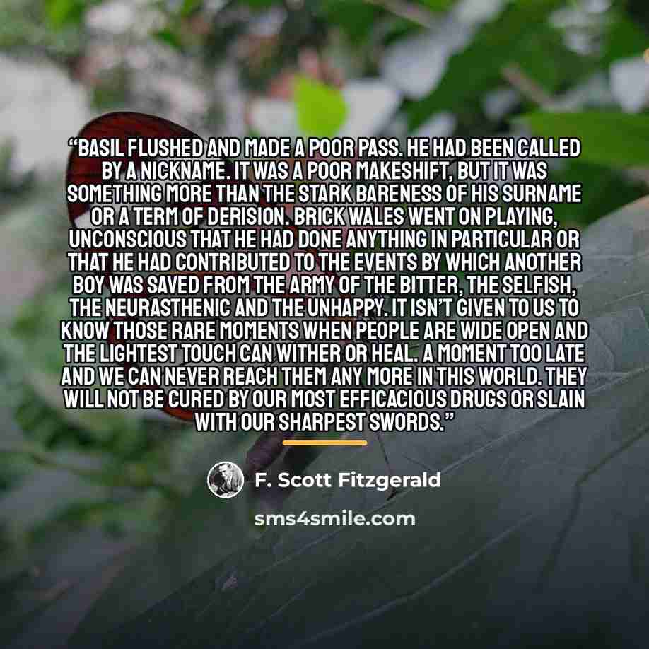 “Basil flushed and made a poor pass. He had been called by a nickname. It was a poor makeshift, but it was something more than the stark bareness of his surname or a term of derision. Brick Wales went on playing, unconscious that he had done anything in particular or that he had contributed to the…” quote by F. Scott Fitzgerald