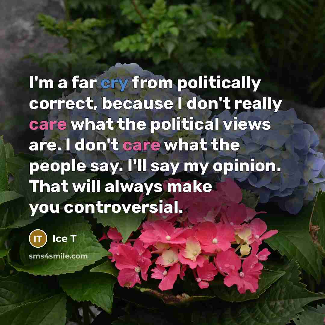 “I'm a far cry from politically correct, because I don't really care what the political views are. I don't care what the people say. I'll say my opinion. That will always make you controversial.” quote by Ice T