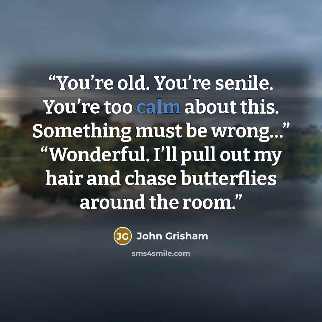 “You’re old. You’re senile. You’re too calm about this. Something must be wrong…” “Wonderful. I’ll pull out my hair and chase butterflies around the room.” quote by John Grisham