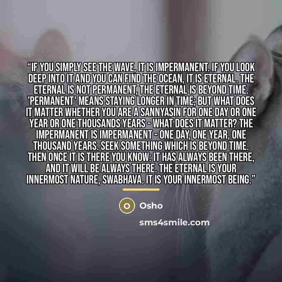 “If you simply see the wave, it is impermanent. If you look deep into it and you can find the ocean, it is eternal. The eternal is not permanent, the eternal is beyond time. 'Permanent' means staying longer in time; but what does it matter whether you are a sannyasin for one day or one year or one…” quote by Osho