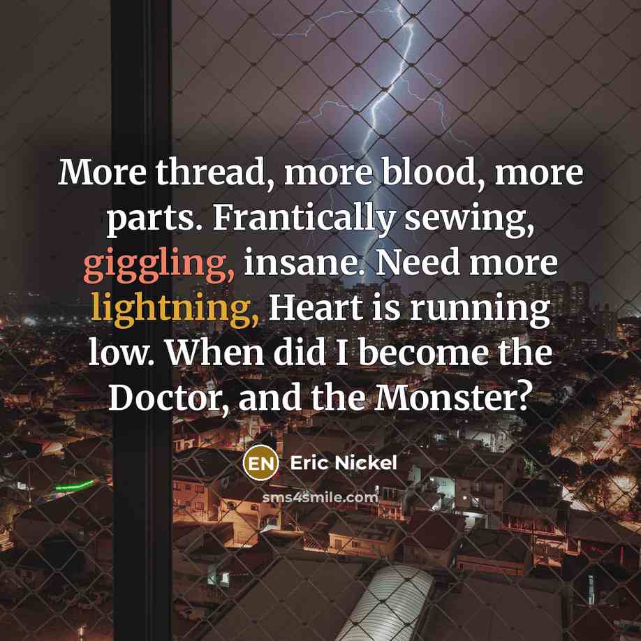 “More thread, more blood, more parts. Frantically sewing, giggling, insane. Need more lightning, Heart is running low. When did I become the Doctor, and the Monster?” quote by Eric Nickel