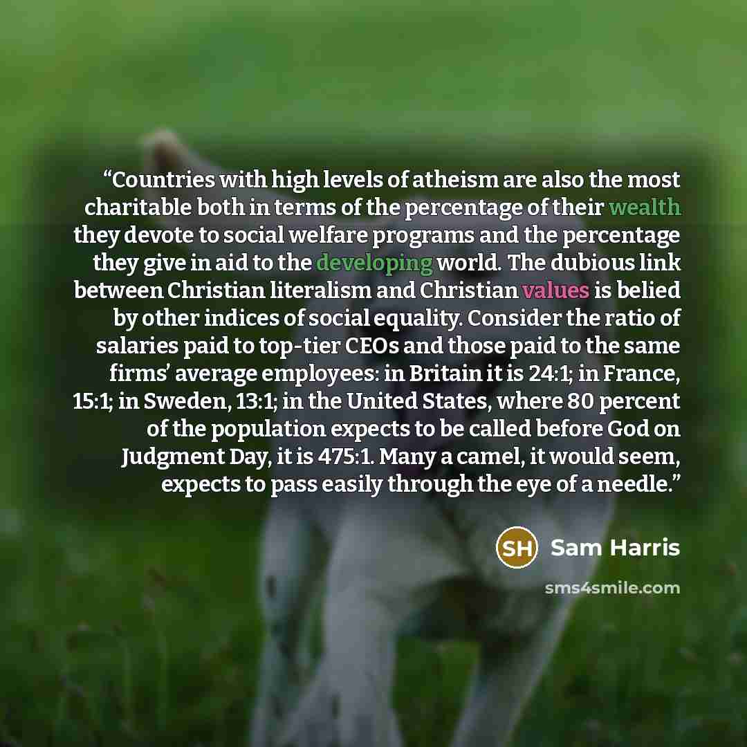 “Countries with high levels of atheism are also the most charitable both in terms of the percentage of their wealth they devote to social welfare programs and the percentage they give in aid to the developing world. The dubious link between Christian literalism and Christian values is belied by…” quote by Sam Harris