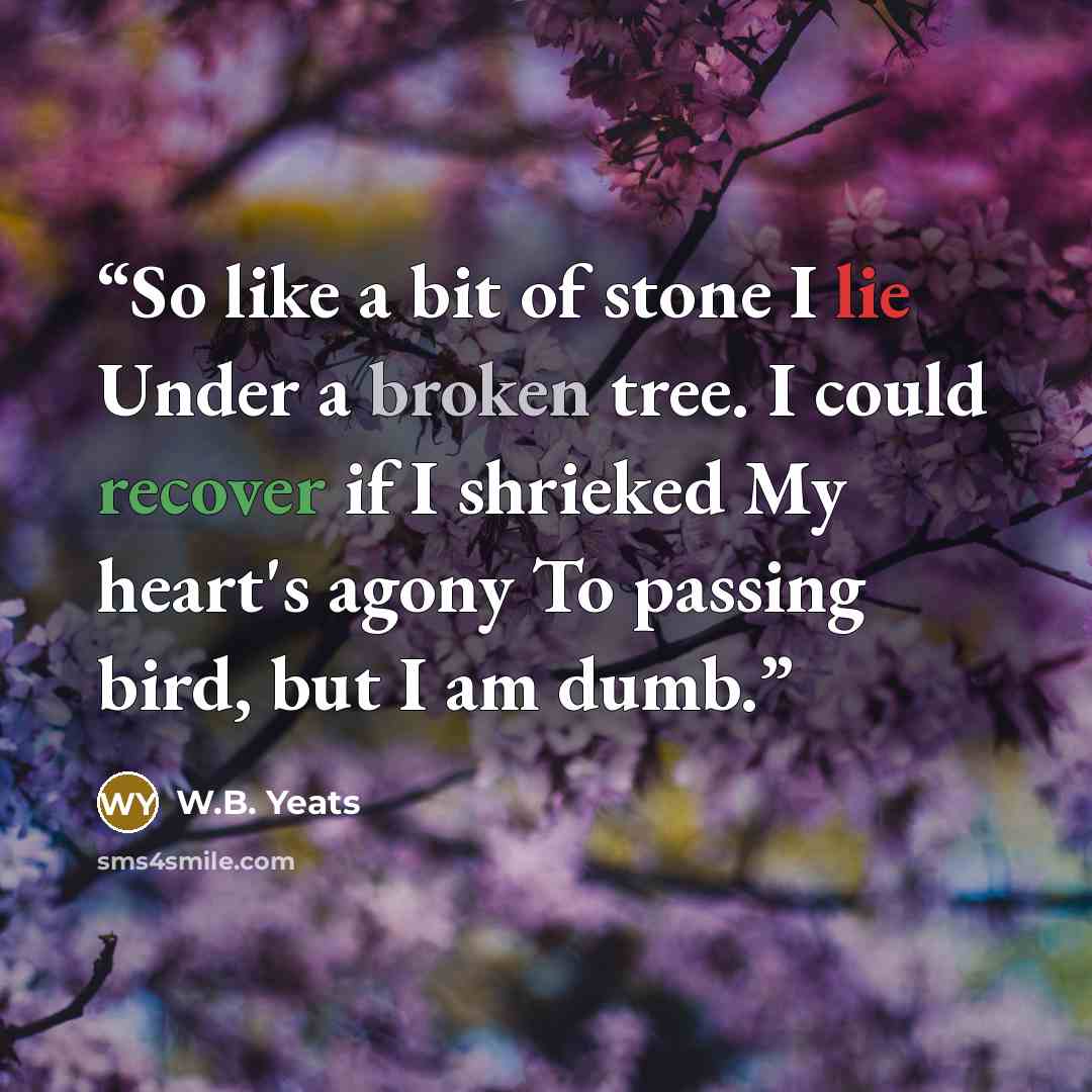 “So like a bit of stone I lie Under a broken tree. I could recover if I shrieked My heart's agony To passing bird, but I am dumb.” quote by W.B. Yeats
