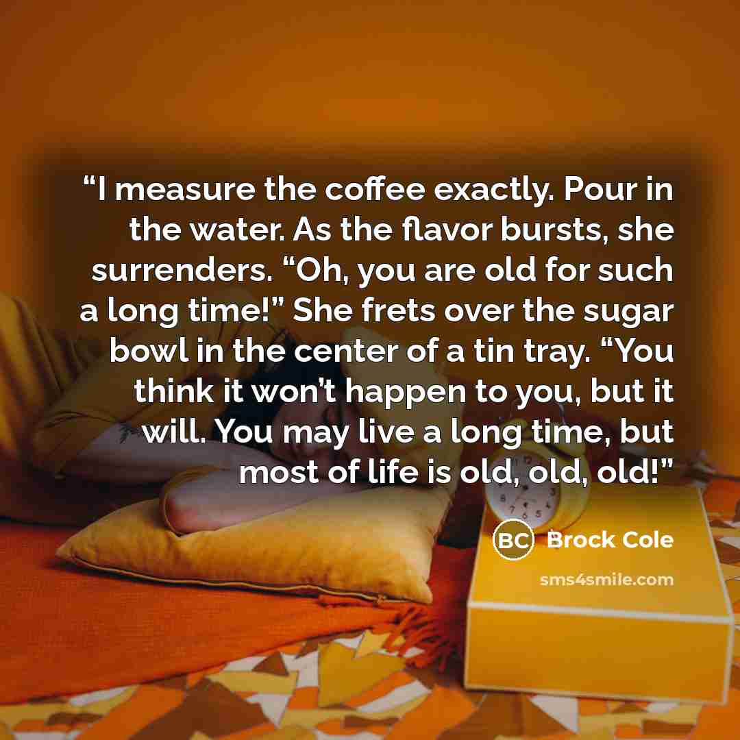 “I measure the coffee exactly. Pour in the water. As the flavor bursts, she surrenders. “Oh, you are old for such a long time!” She frets over the sugar bowl in the center of a tin tray. “You think it won’t happen to you, but it will. You may live a long time, but most of life is old, old, old!” quote by Brock Cole