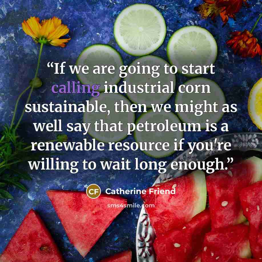 “If we are going to start calling industrial corn sustainable, then we might as well say that petroleum is a renewable resource if you're willing to wait long enough.” quote by Catherine Friend
