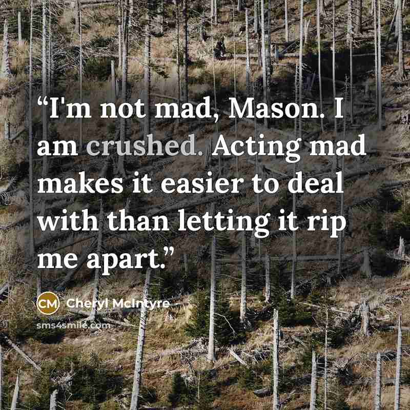 “I'm not mad, Mason. I am crushed. Acting mad makes it easier to deal with than letting it rip me apart.” quote by Cheryl McIntyre