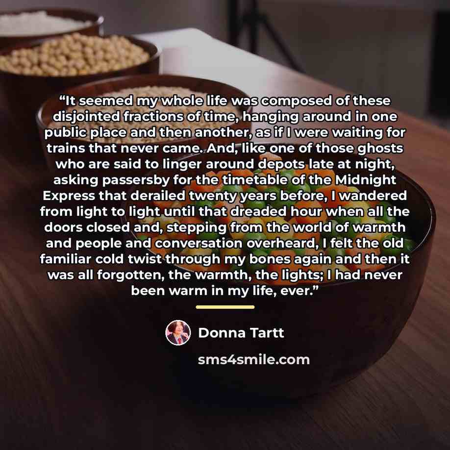 “It seemed my whole life was composed of these disjointed fractions of time, hanging around in one public place and then another, as if I were waiting for trains that never came. And, like one of those ghosts who are said to linger around depots late at night, asking passersby for the timetable of…” quote by Donna Tartt