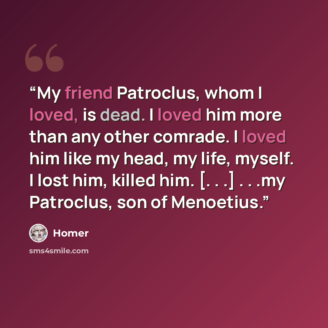 “My friend Patroclus, whom I loved, is dead. I loved him more than any other comrade. I loved him like my head, my life, myself. I lost him, killed him. [. . .] . . .my Patroclus, son of Menoetius.” quote by Homer