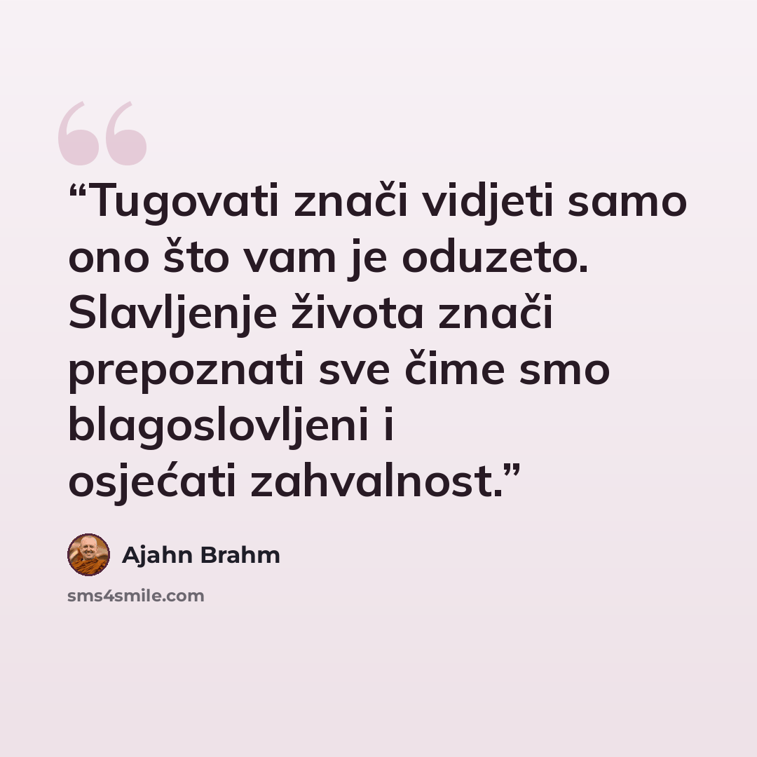 “Tugovati znači vidjeti samo ono što vam je oduzeto. Slavljenje života znači prepoznati sve čime smo blagoslovljeni i osjećati zahvalnost.” quote by Ajahn Brahm