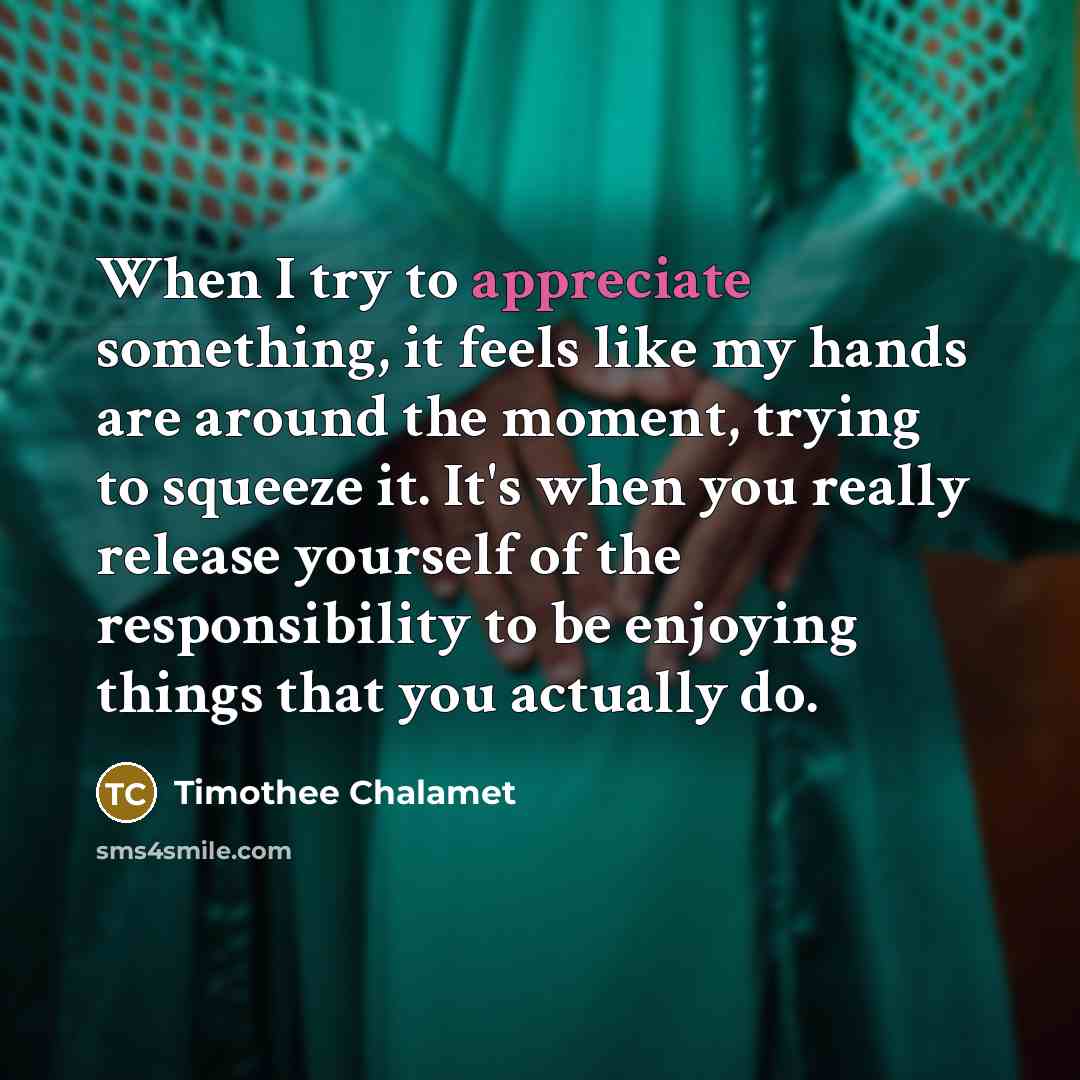 “When I try to appreciate something, it feels like my hands are around the moment, trying to squeeze it. It's when you really release yourself of the responsibility to be enjoying things that you actually do.” quote by Timothee Chalamet