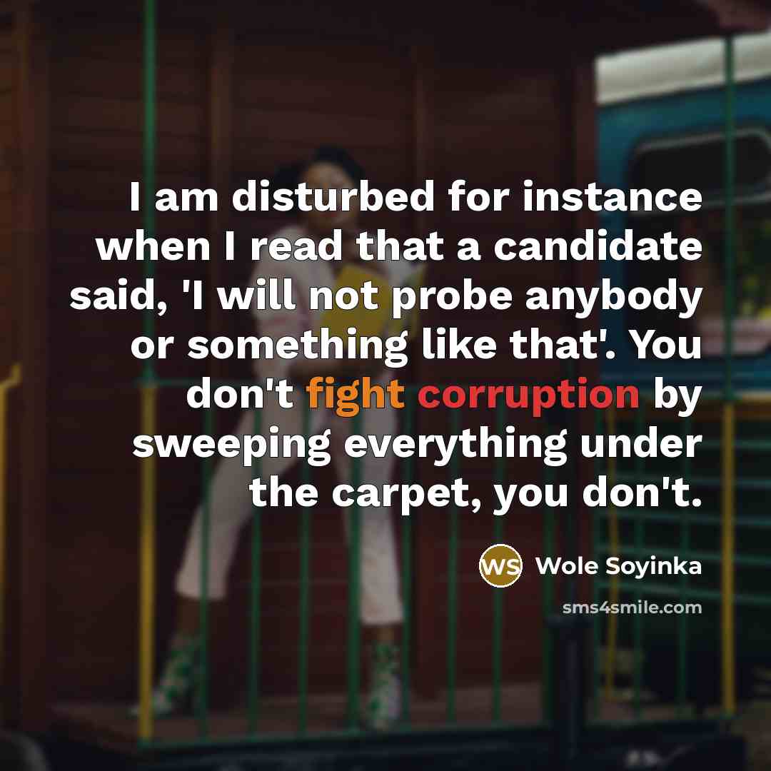 “I am disturbed for instance when I read that a candidate said, 'I will not probe anybody or something like that'. You don't fight corruption by sweeping everything under the carpet, you don't.” quote by Wole Soyinka