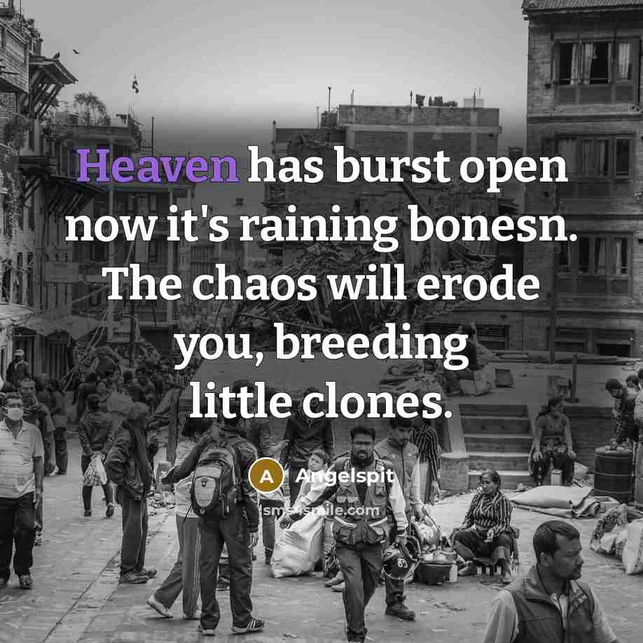 “Heaven has burst open now it's raining bonesn. The chaos will erode you, breeding little clones.” quote by Angelspit