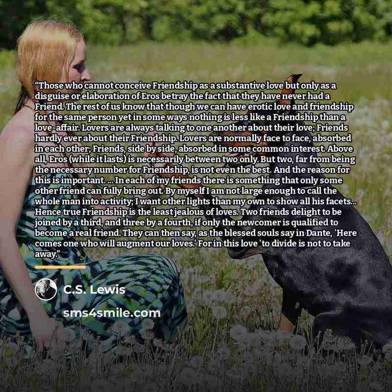 “Those who cannot conceive Friendship as a substantive love but only as a disguise or elaboration of Eros betray the fact that they have never had a Friend. The rest of us know that though we can have erotic love and friendship for the same person yet in some ways nothing is less like a Friendship…” quote by C.S. Lewis