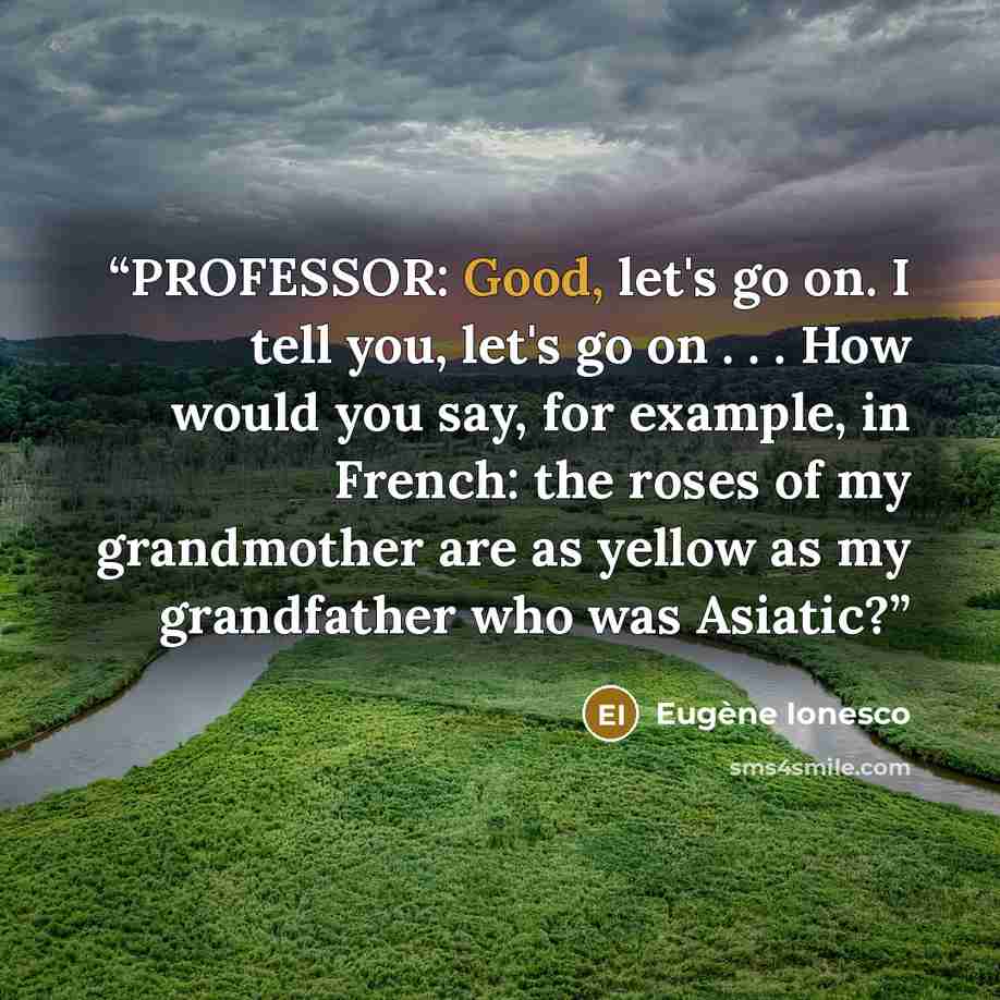 “PROFESSOR: Good, let's go on. I tell you, let's go on . . . How would you say, for example, in French: the roses of my grandmother are as yellow as my grandfather who was Asiatic?” quote by Eugène Ionesco