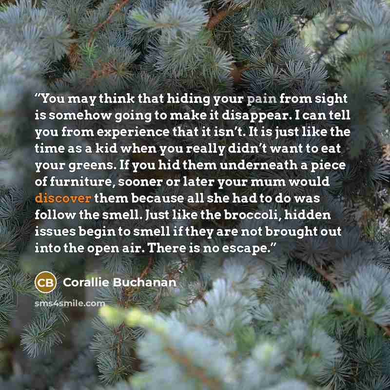 “You may think that hiding your pain from sight is somehow going to make it disappear. I can tell you from experience that it isn’t. It is just like the time as a kid when you really didn’t want to eat your greens. If you hid them underneath a piece of furniture, sooner or later your mum would…” quote by Corallie Buchanan