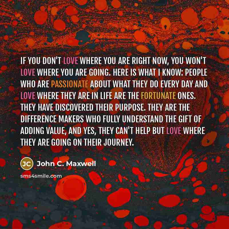 “If you don't love where you are right now, you won't love where you are going. Here is what I know: People who are passionate about what they do every day and love where they are in life are the fortunate ones. They have discovered their purpose. They are the difference makers who fully understand…” quote by John C. Maxwell