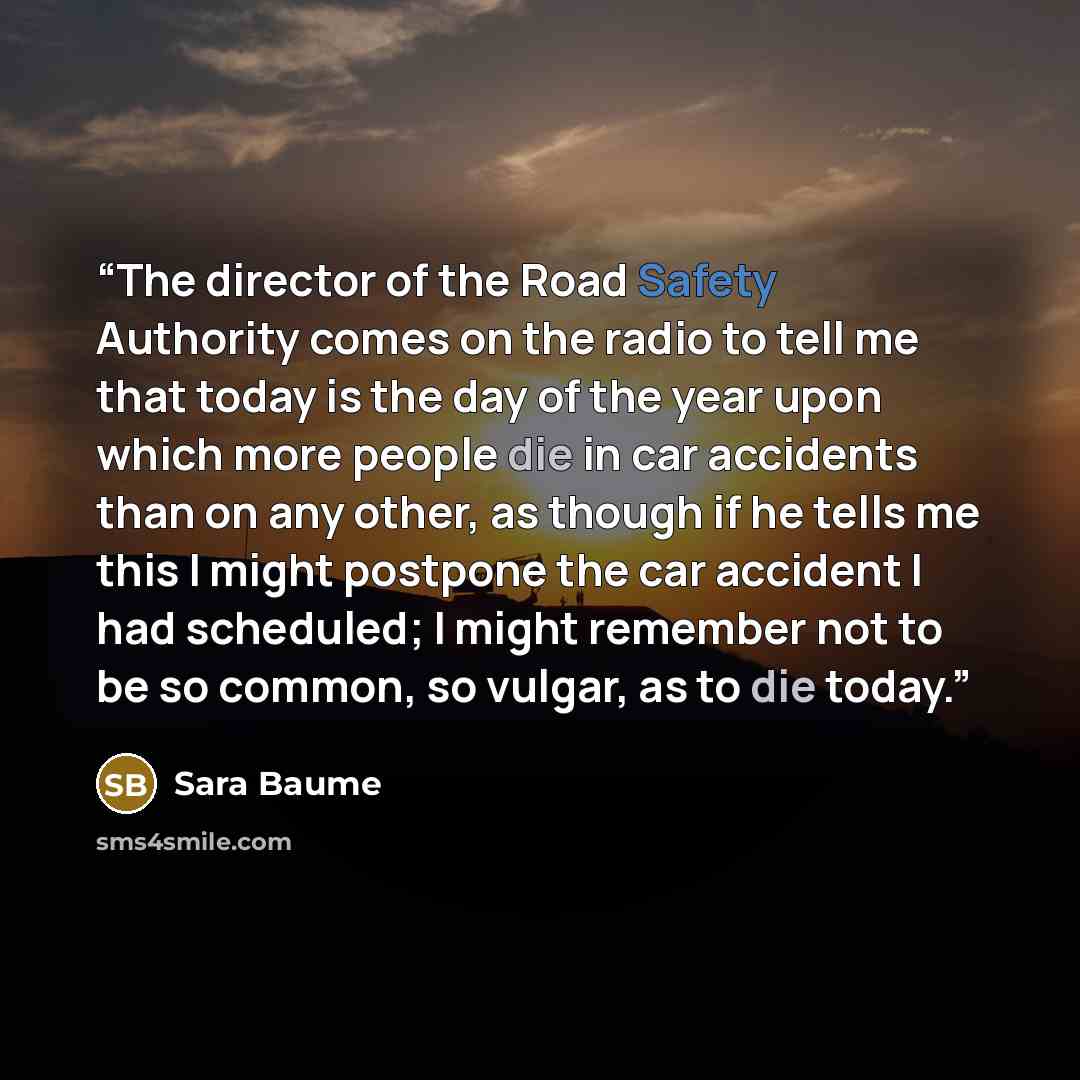 “The director of the Road Safety Authority comes on the radio to tell me that today is the day of the year upon which more people die in car accidents than on any other, as though if he tells me this I might postpone the car accident I had scheduled; I might remember not to be so common, so vulgar…” quote by Sara Baume