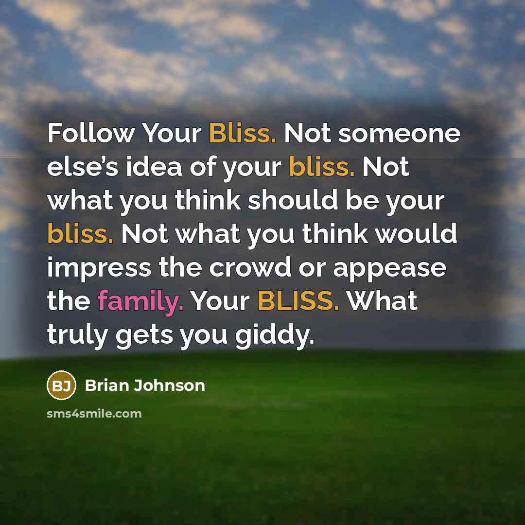 “Follow Your Bliss. Not someone else’s idea of your bliss. Not what you think should be your bliss. Not what you think would impress the crowd or appease the family. Your BLISS. What truly gets you giddy.” quote by Brian Johnson