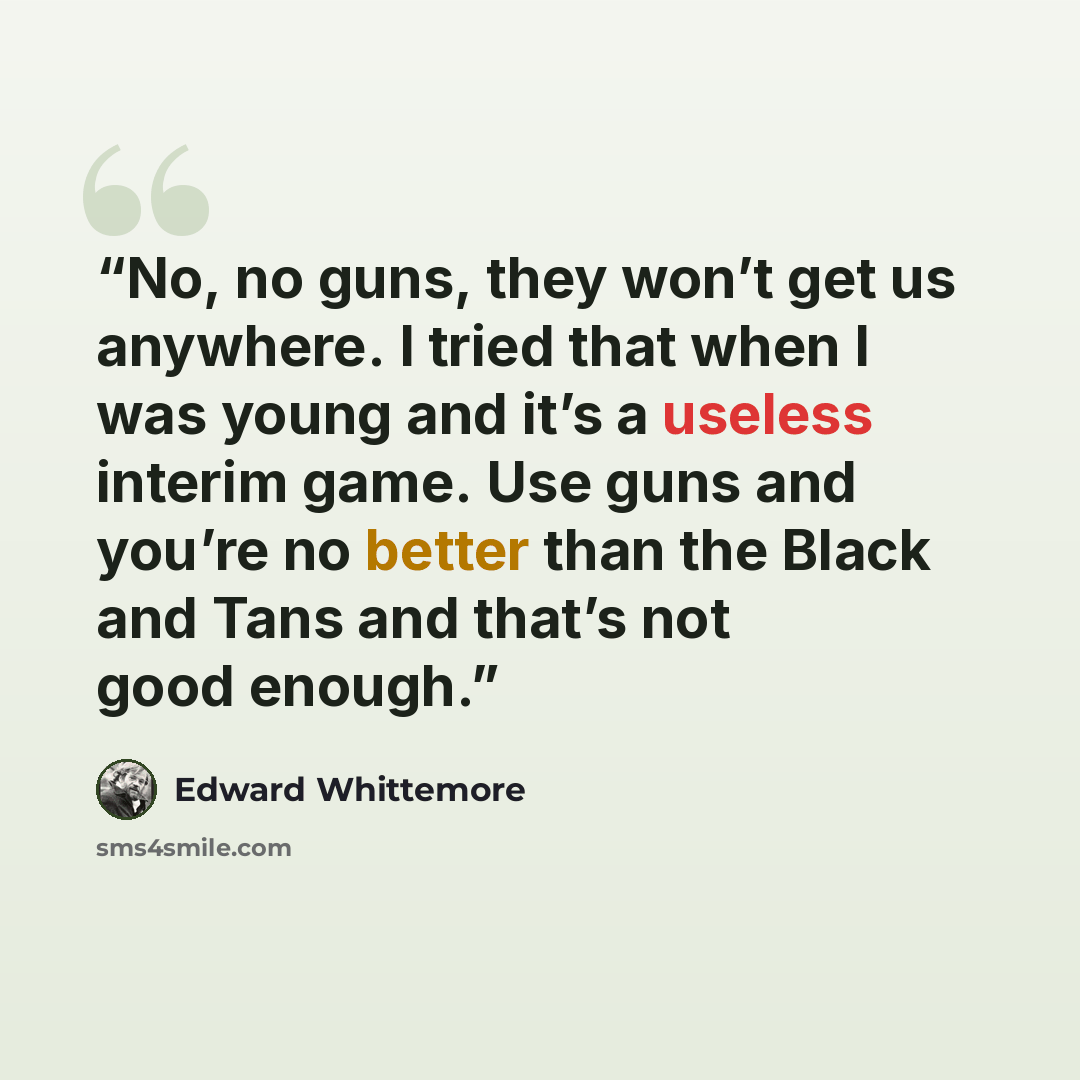 “No, no guns, they won’t get us anywhere. I tried that when I was young and it’s a useless interim game. Use guns and you’re no better than the Black and Tans and that’s not good enough.” quote by Edward Whittemore