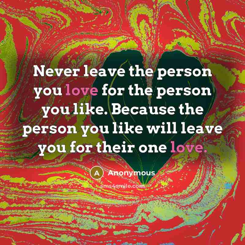 “Never leave the person you love for the person you like. Because the person you like will leave you for their one love.” quote by Anonymous