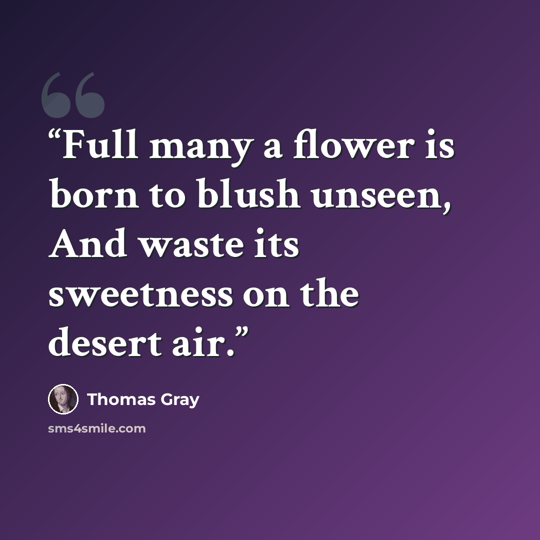 “Full many a flower is born to blush unseen, And waste its sweetness on the desert air.” quote by Thomas Gray