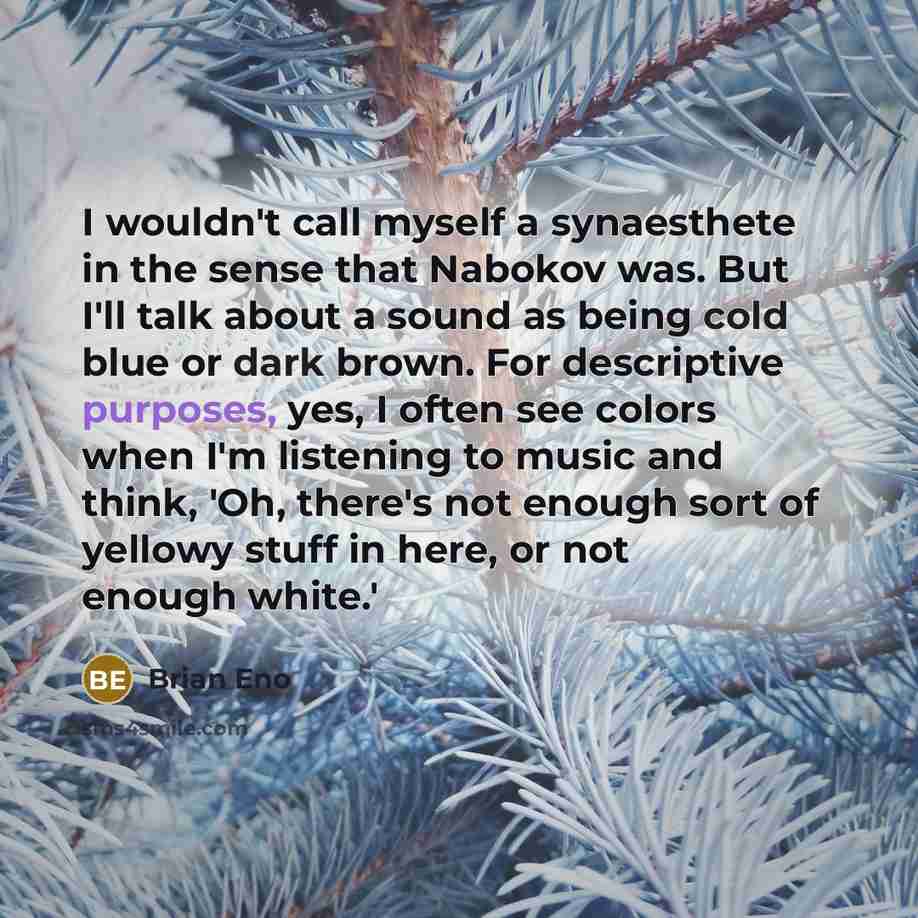 “I wouldn't call myself a synaesthete in the sense that Nabokov was. But I'll talk about a sound as being cold blue or dark brown. For descriptive purposes, yes, I often see colors when I'm listening to music and think, 'Oh, there's not enough sort of yellowy stuff in here, or not enough white.'” quote by Brian Eno