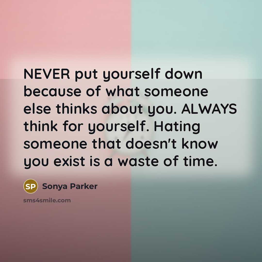 “NEVER put yourself down because of what someone else thinks about you. ALWAYS think for yourself. Hating someone that doesn't know you exist is a waste of time.” quote by Sonya Parker