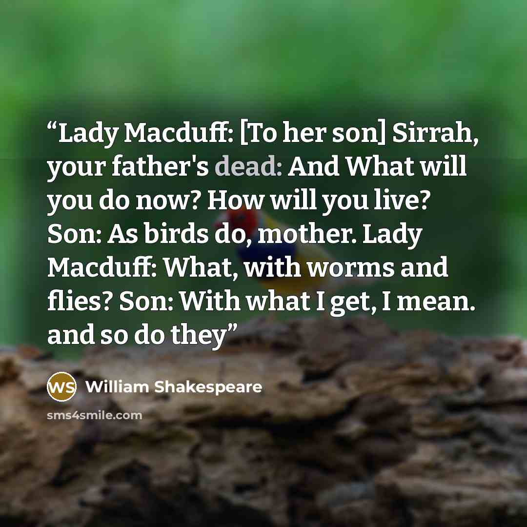 “Lady Macduff: [To her son] Sirrah, your father's dead: And What will you do now? How will you live? Son: As birds do, mother. Lady Macduff: What, with worms and flies? Son: With what I get, I mean. and so do they” quote by William Shakespeare