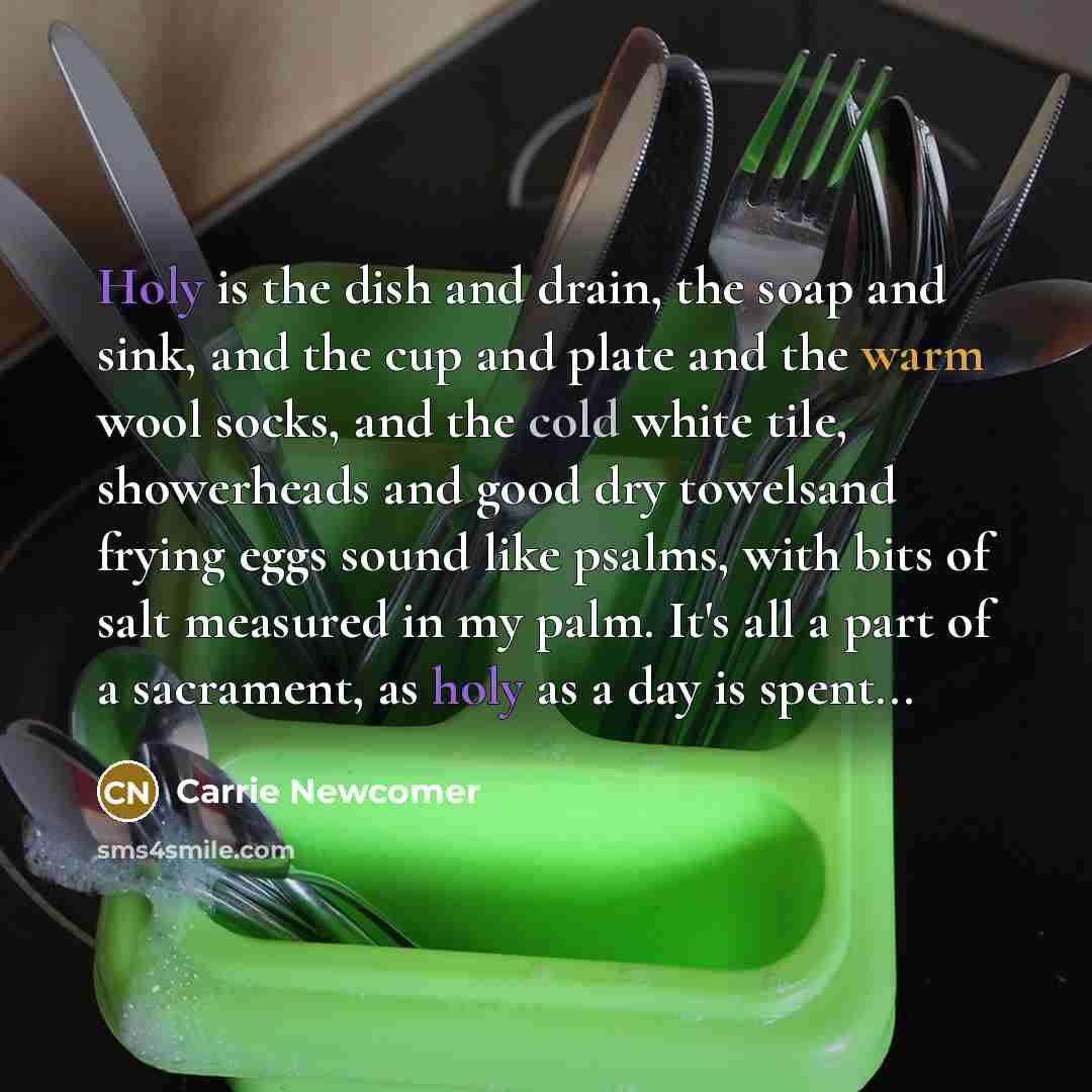 “Holy is the dish and drain, the soap and sink, and the cup and plate and the warm wool socks, and the cold white tile, showerheads and good dry towelsand frying eggs sound like psalms, with bits of salt measured in my palm. It's all a part of a sacrament, as holy as a day is spent...” quote by Carrie Newcomer