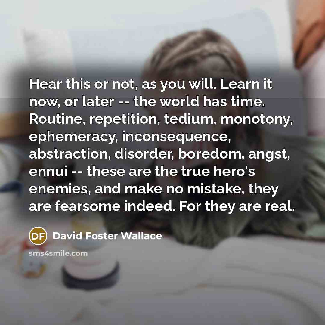“Hear this or not, as you will. Learn it now, or later -- the world has time. Routine, repetition, tedium, monotony, ephemeracy, inconsequence, abstraction, disorder, boredom, angst, ennui -- these are the true hero's enemies, and make no mistake, they are fearsome indeed. For they are real.” quote by David Foster Wallace