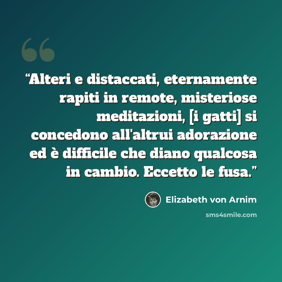 “Alteri e distaccati, eternamente rapiti in remote, misteriose meditazioni, [i gatti] si concedono all'altrui adorazione ed è difficile che diano qualcosa in cambio. Eccetto le fusa.” quote by Elizabeth von Arnim