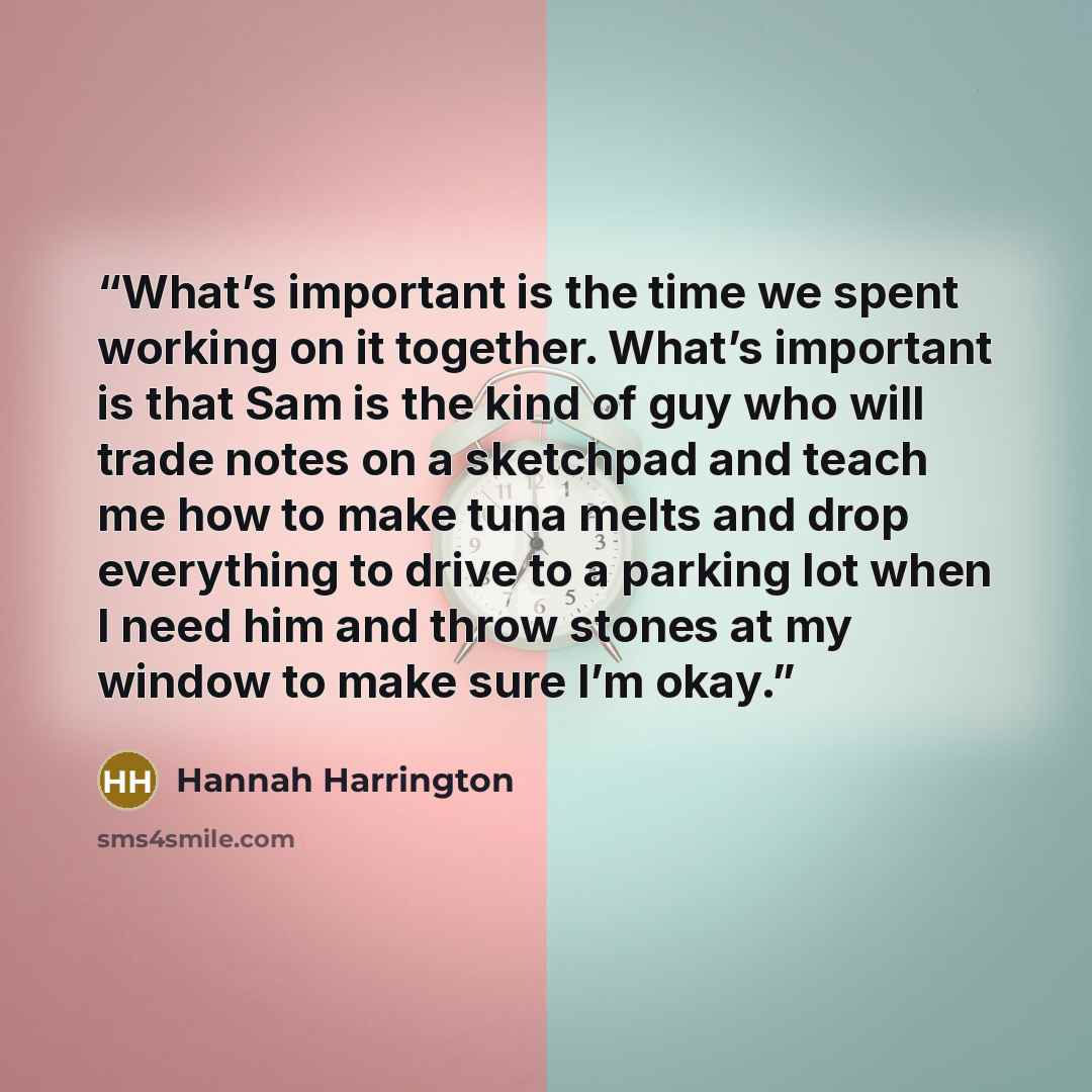 “What’s important is the time we spent working on it together. What’s important is that Sam is the kind of guy who will trade notes on a sketchpad and teach me how to make tuna melts and drop everything to drive to a parking lot when I need him and throw stones at my window to make sure I’m okay.” quote by Hannah Harrington