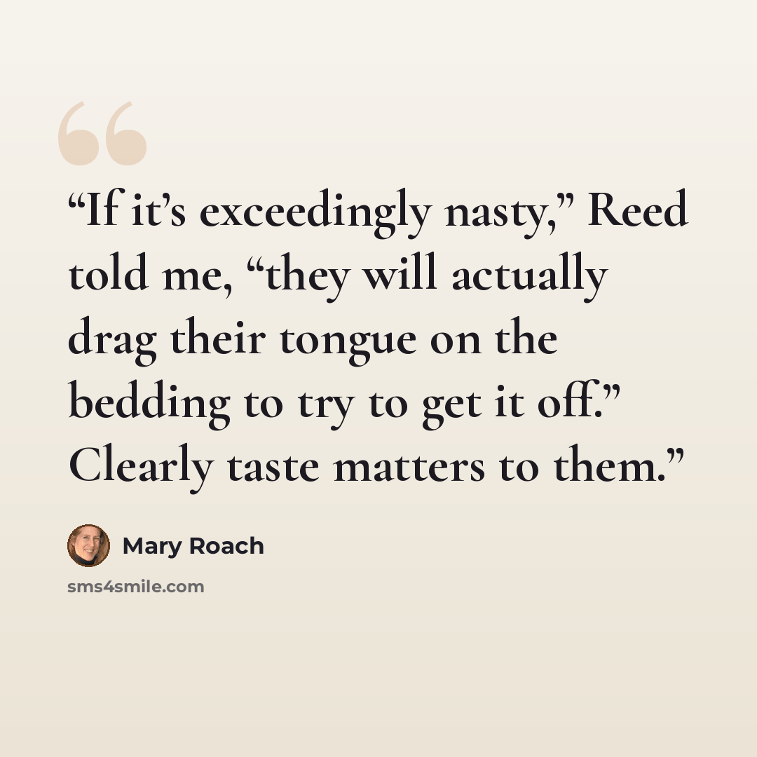 “If it’s exceedingly nasty,” Reed told me, “they will actually drag their tongue on the bedding to try to get it off.” Clearly taste matters to them.” quote by Mary Roach