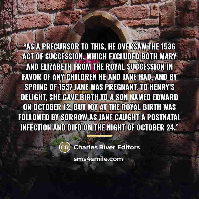 “As a precursor to this, he oversaw the 1536 Act of Succession, which excluded both Mary and Elizabeth from the royal succession in favor of any children he and Jane had, and by spring of 1537 Jane was pregnant. To Henry’s delight, she gave birth to a son named Edward on October 12, but joy at the…” quote by Charles River Editors